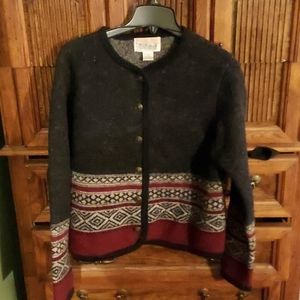 100 % Wool sweater, small gray upper with red and black trim bottom